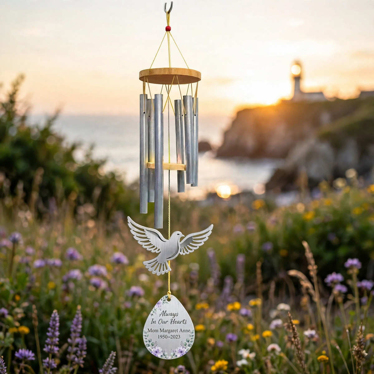 Personalized Memorial Wind Chimes For Loss Of Mother, Silver Teardrop Peace Dove