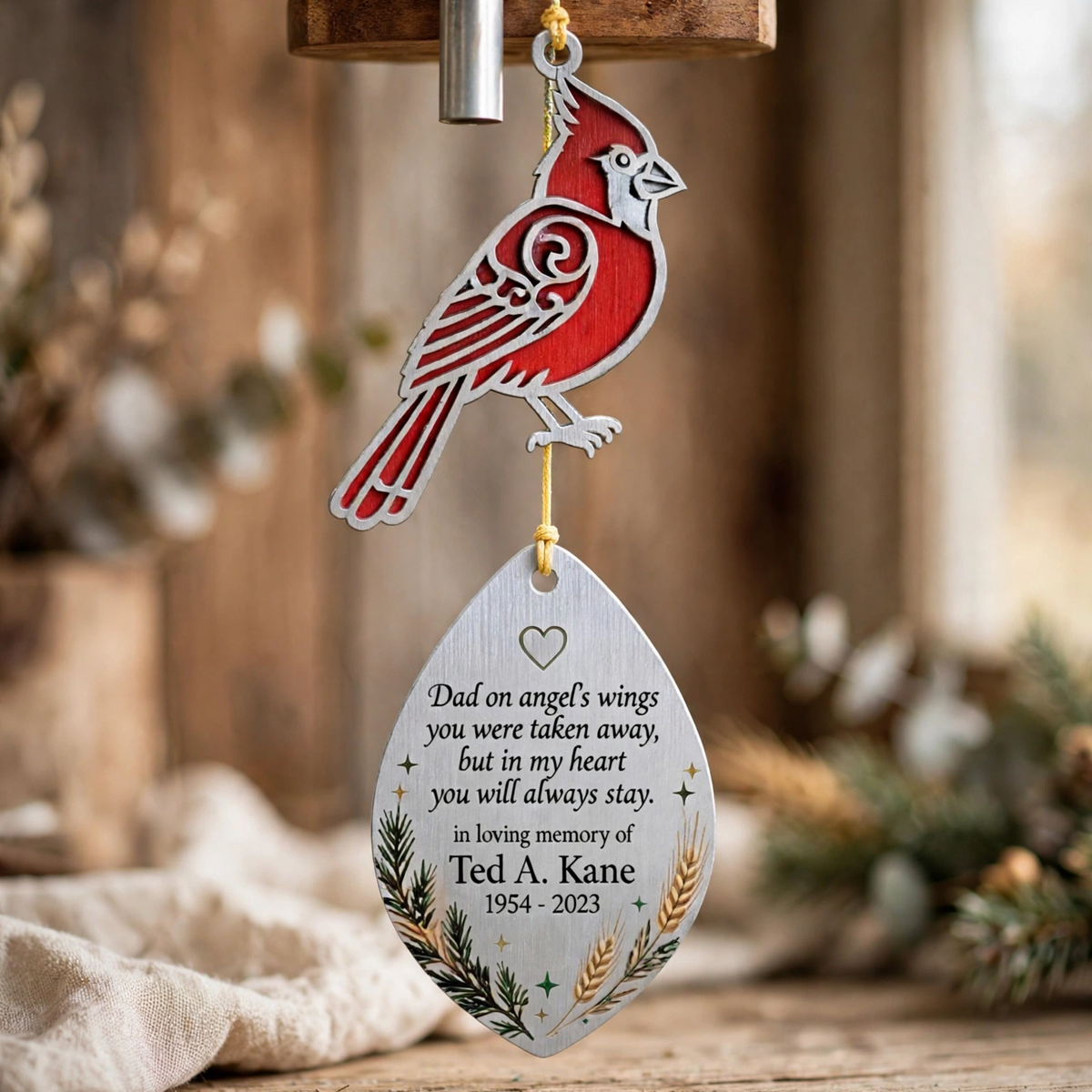 Memorial Wind Chimes For Loss Of Father, Personalized Cardinal Dad Sympathy Gift