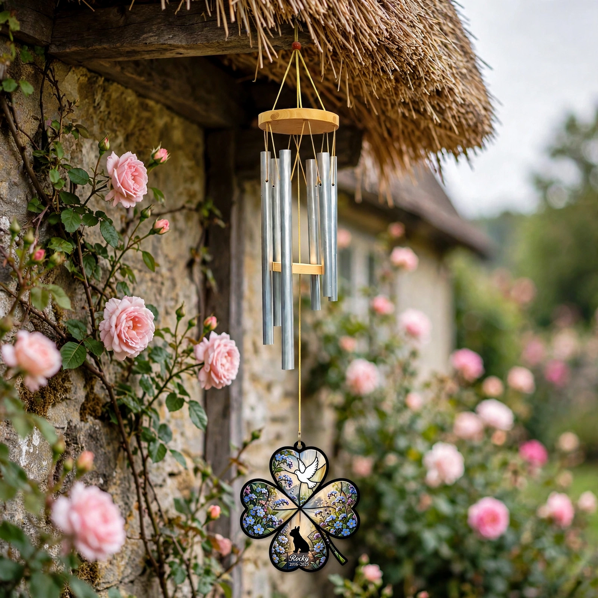 Four Leaf Clover Personalized Pet Memorial Wind Chime, Rainbow Bridge Dog Memorial Gift