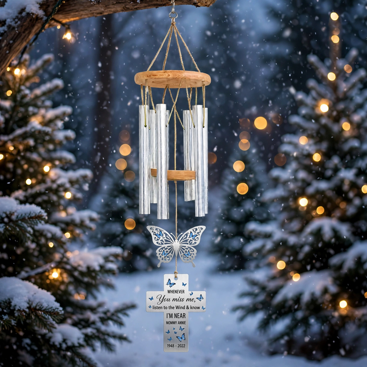 Personalized Mom Memorial Wind Chime, Remembrance Gift Blue Butterfly