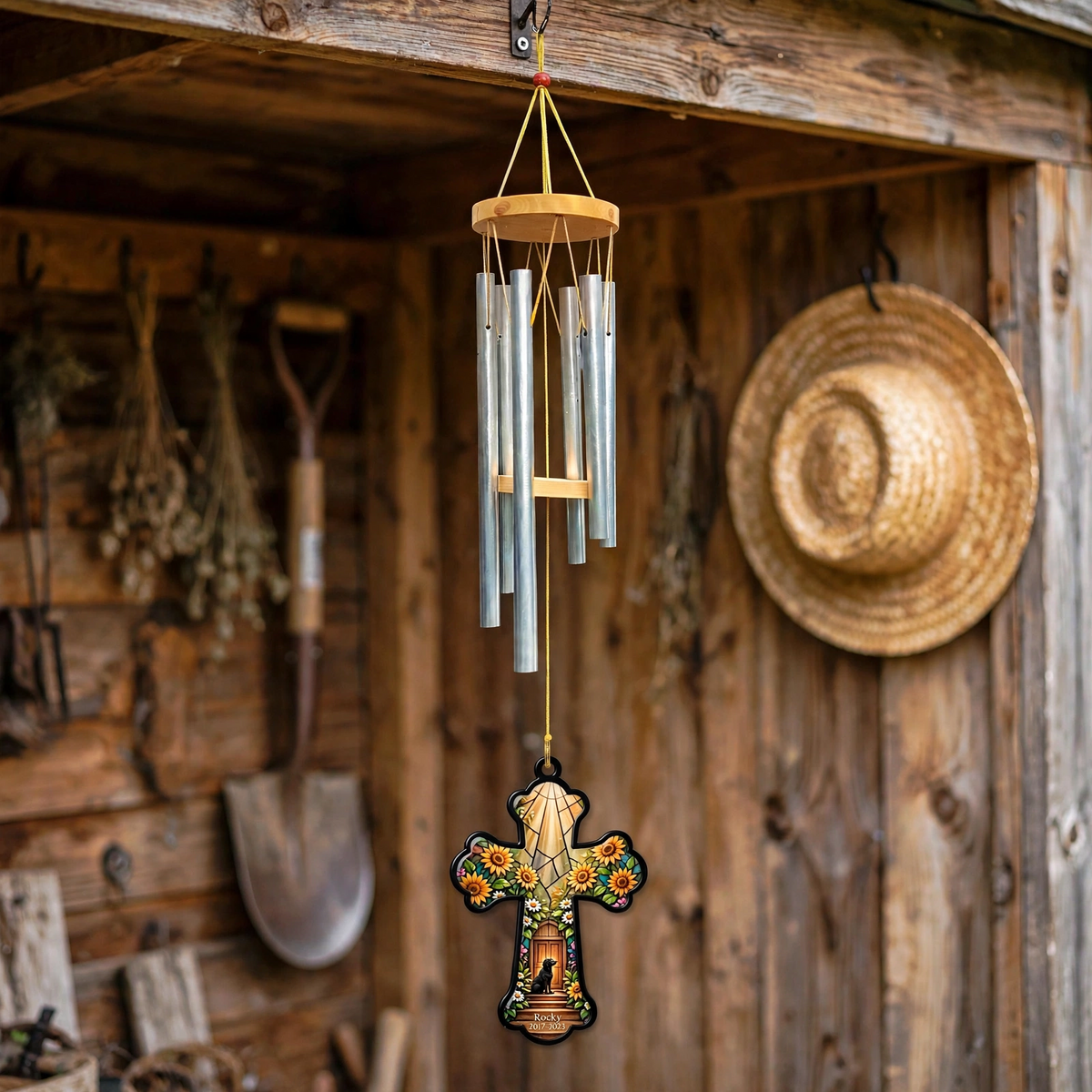 Rainbow Bridge Wind Chime, Custom Dog Memorial Gift, Sunflower Cross Keepsake