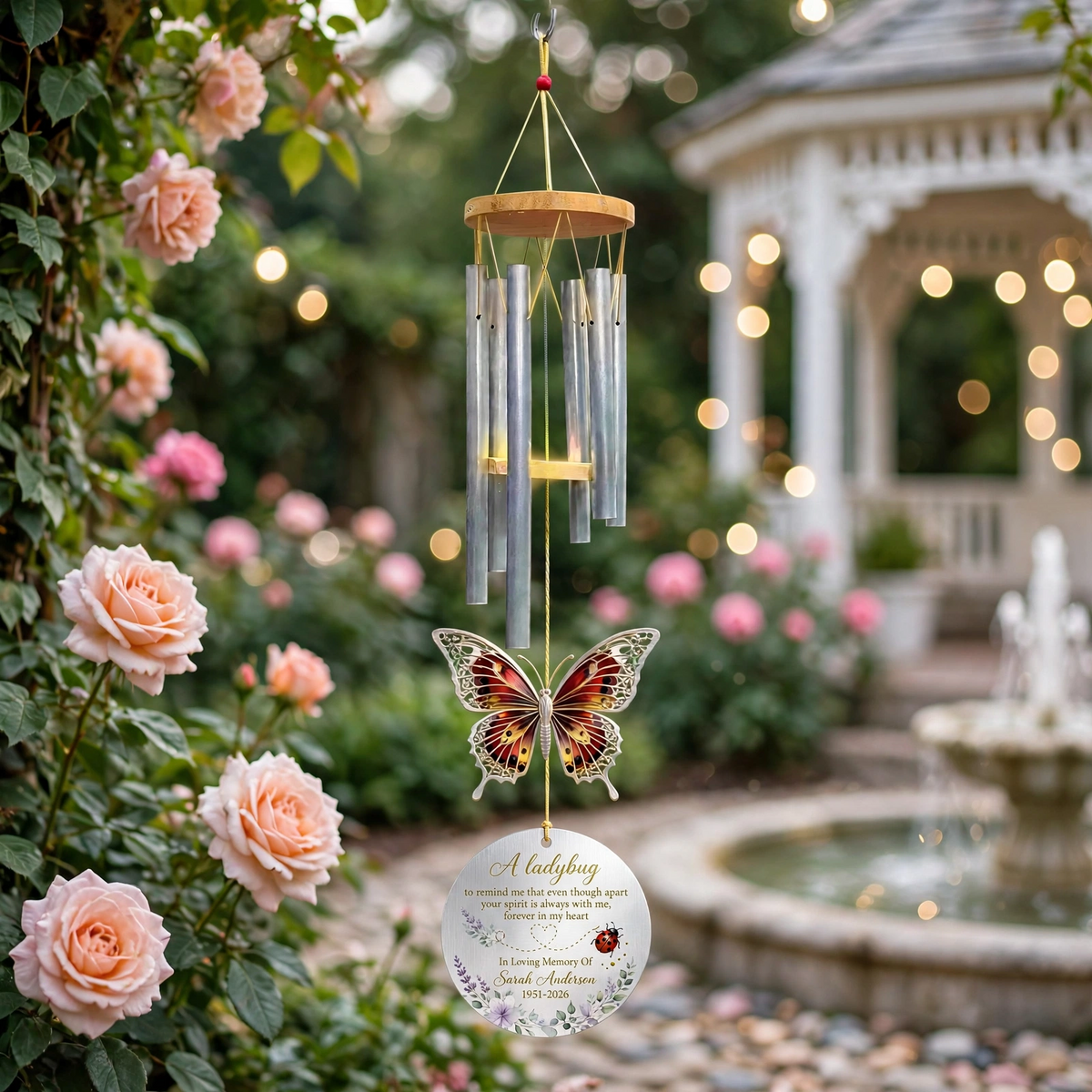 Personalized Memorial Wind Chimes For Loss Of Mother, Silver Round Plaque