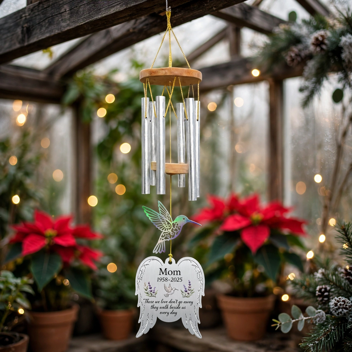Personalized Memorial Wind Chimes For Loss Of Mother, Silver Angel Wings Hummingbird