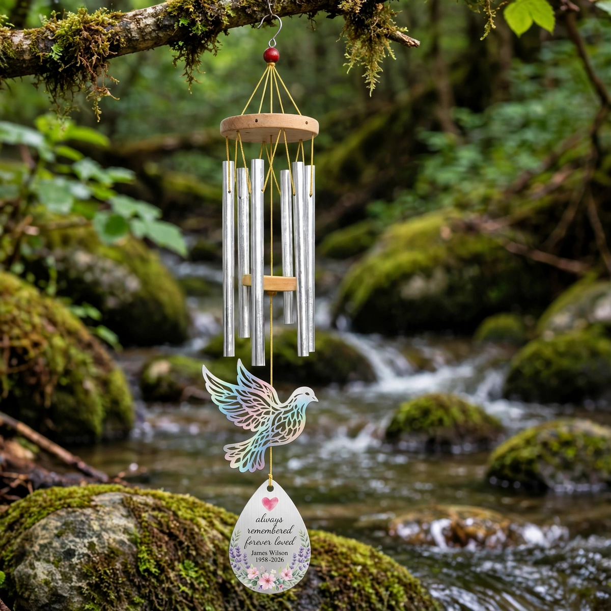 Personalized Memorial Wind Chimes For Loss Of Mother, Iridescent Dove