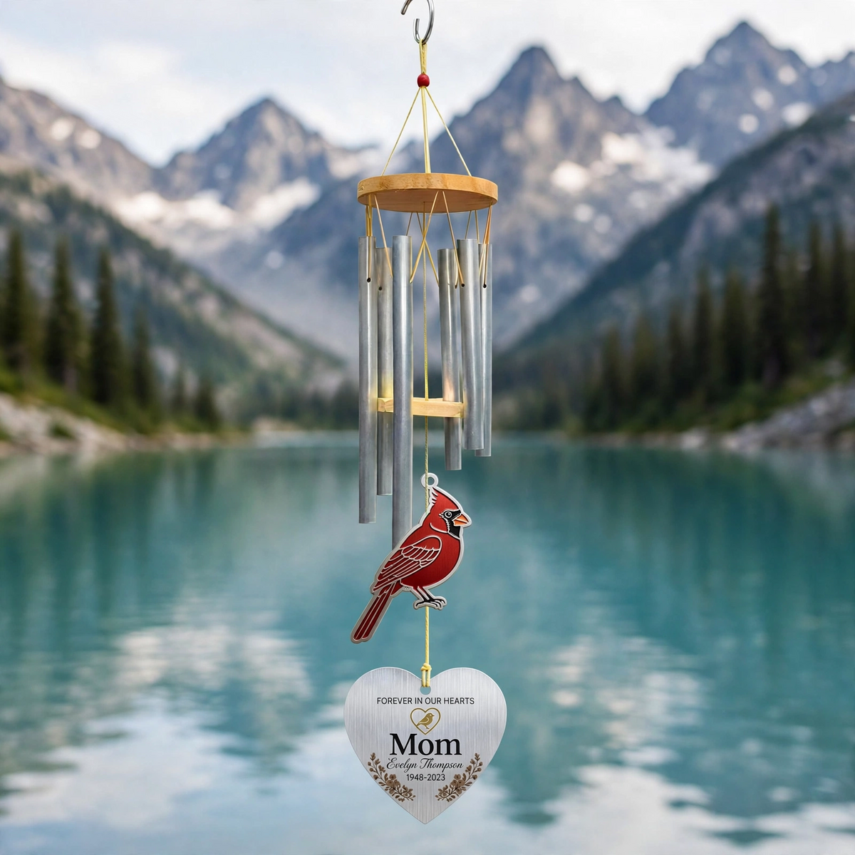 Personalized Memorial Wind Chimes For Loss Of Mother, Silver Heart Red Cardinal Plaque