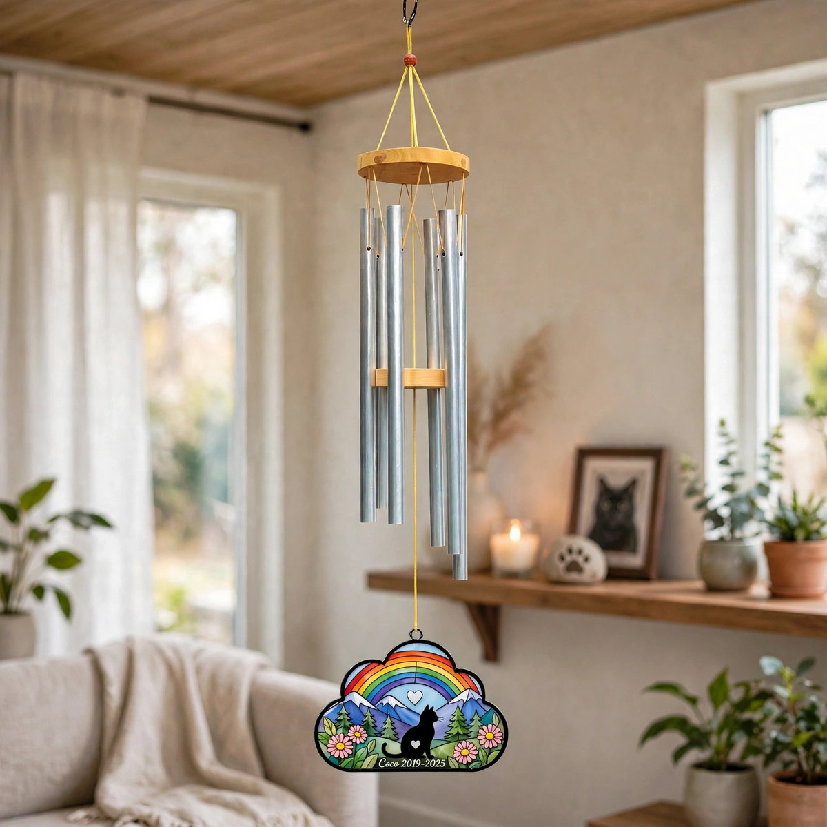 Personalized Cat Memorial Rainbow Bridge Wind Chime, Custom Cat Loss Sympathy Gift
