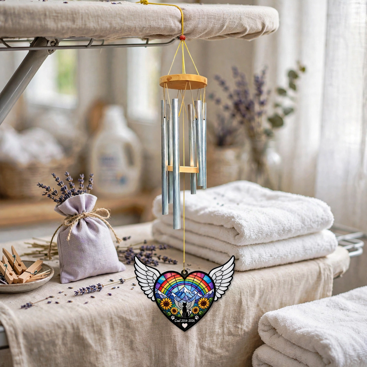 Rainbow Bridge Wind Chime, Angel Wings Cat Memorial, Custom Pet Loss