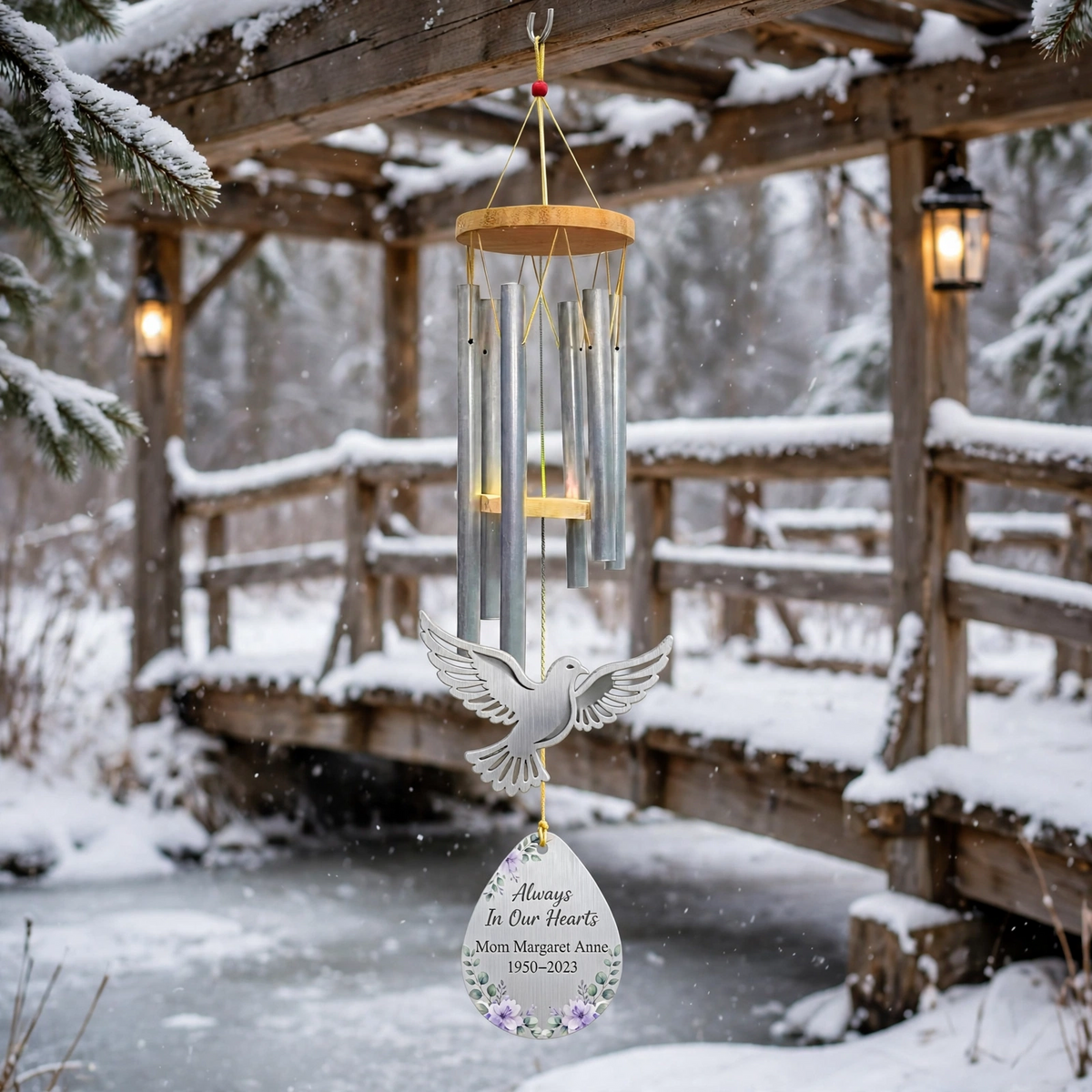 Personalized Memorial Wind Chimes For Loss Of Mother, Silver Teardrop Peace Dove
