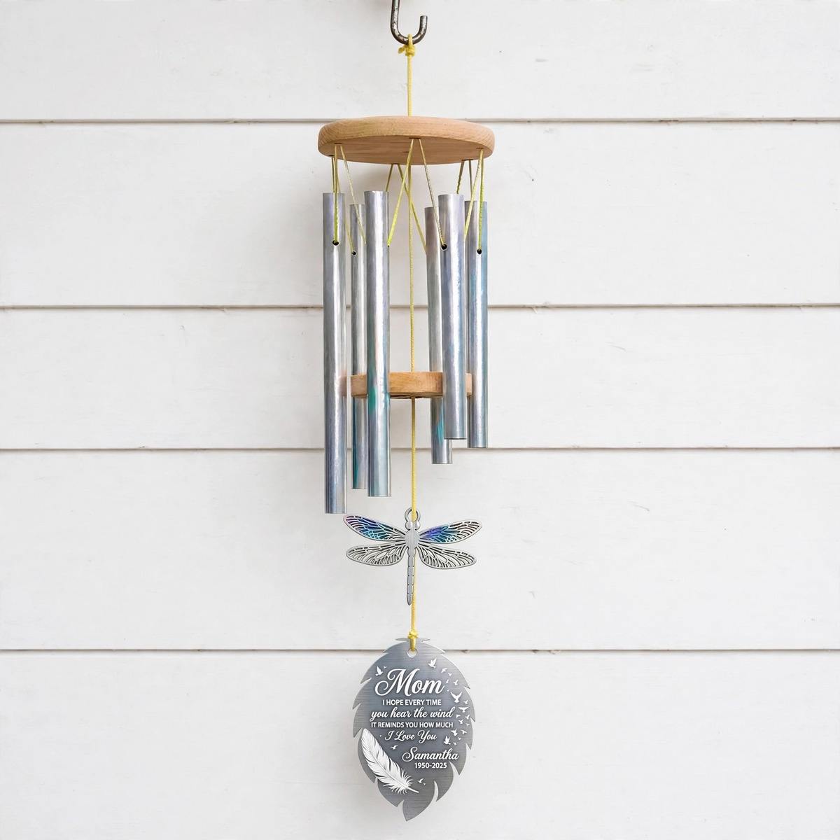 Personalized Memorial Wind Chimes For Loss Of Mother, Dragonfly Feather