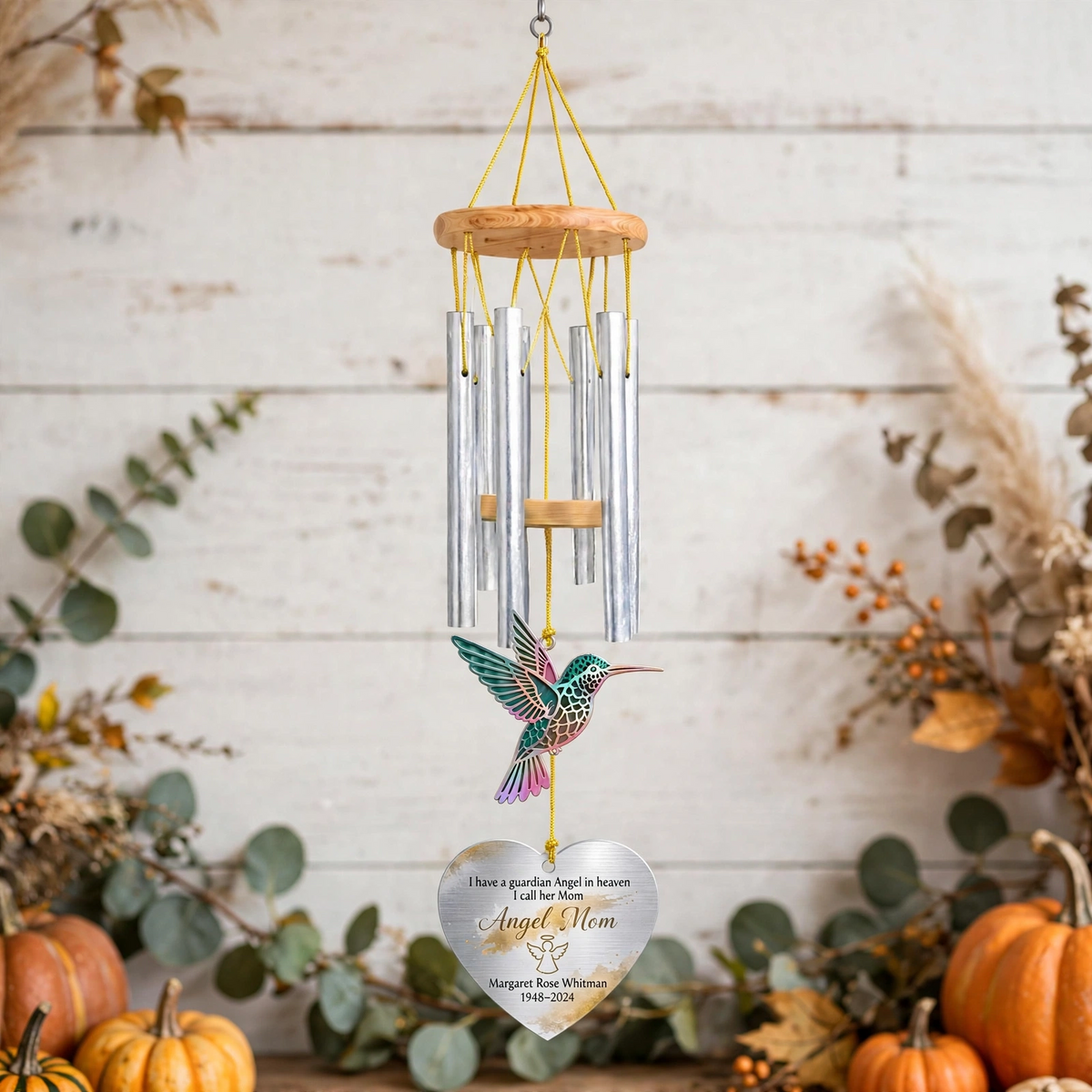 Personalized Memorial Wind Chimes For Loss Of Mother, Silver Heart Teal Pink Hummingbird