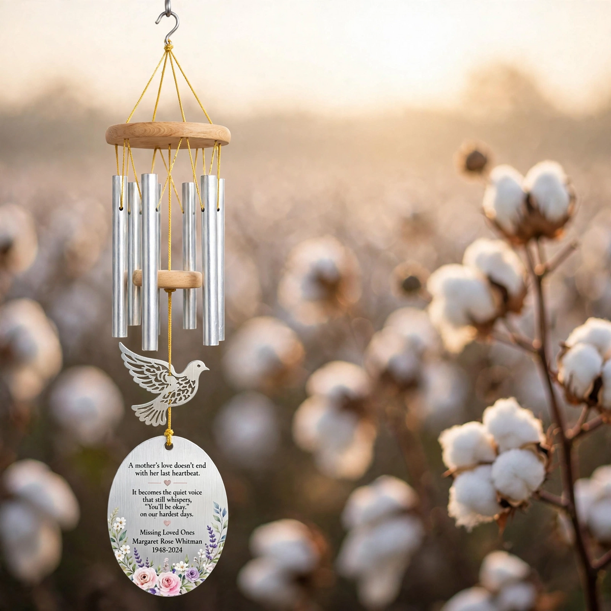 Personalized Memorial Wind Chimes For Loss Of Mother, Silver Oval Peace Dove