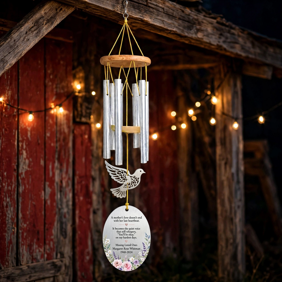 Personalized Memorial Wind Chimes For Loss Of Mother, Silver Oval Peace Dove