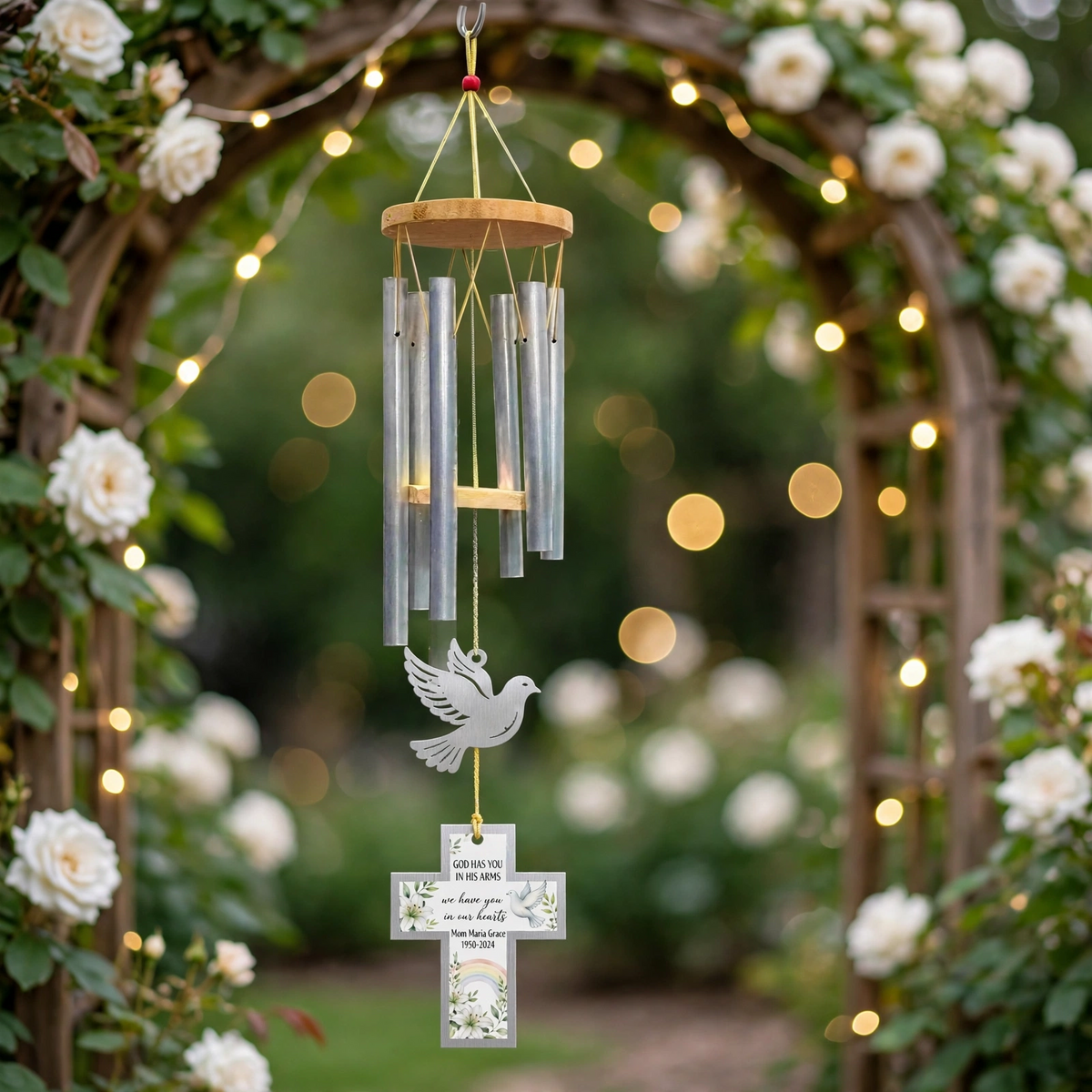 Personalized Memorial Wind Chimes For Loss Of Mother, Silver Cross Peace Dove
