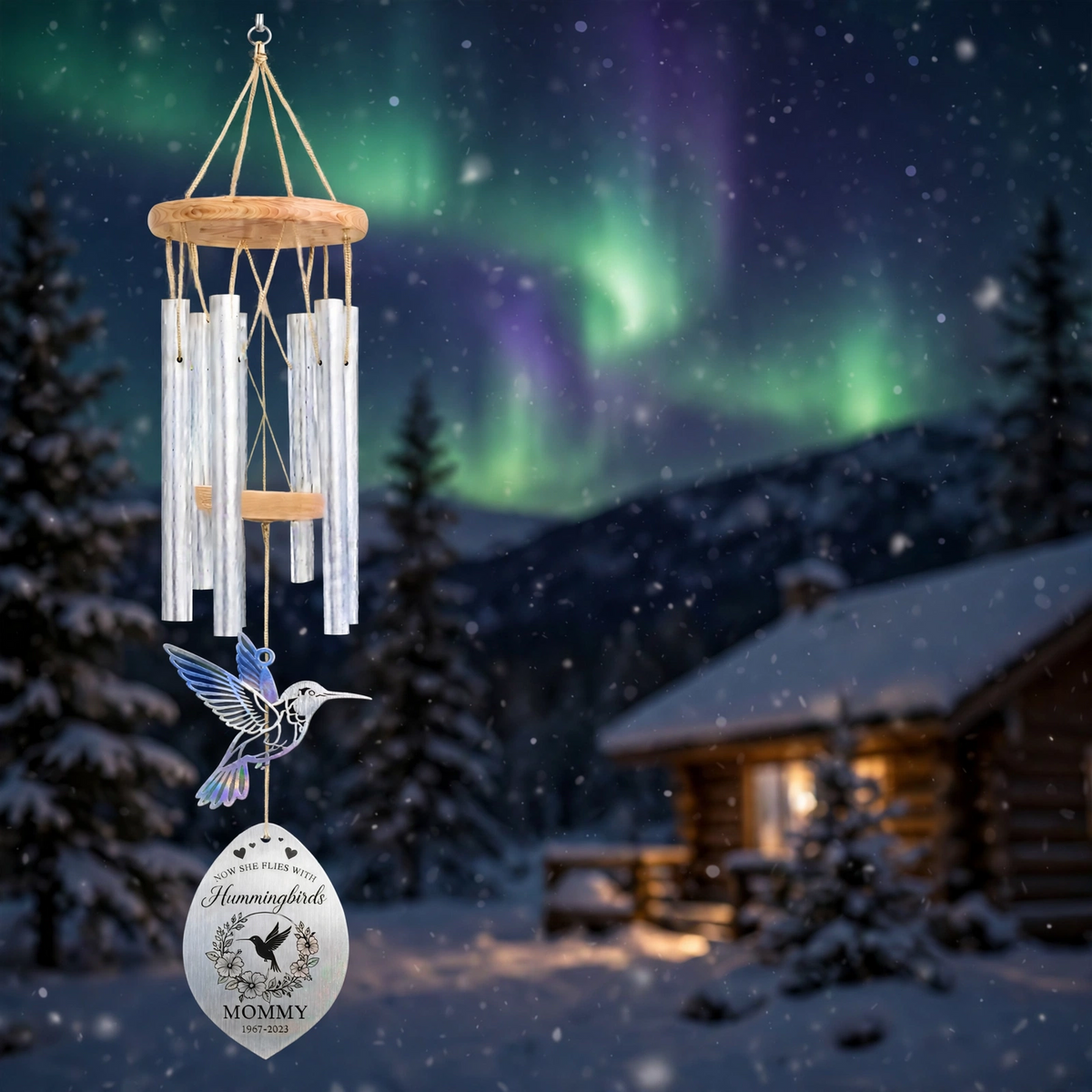 Personalized Memorial Wind Chimes For Loss Of Mother, Teal Purple Hummingbird Plaque, Aluminum Charm