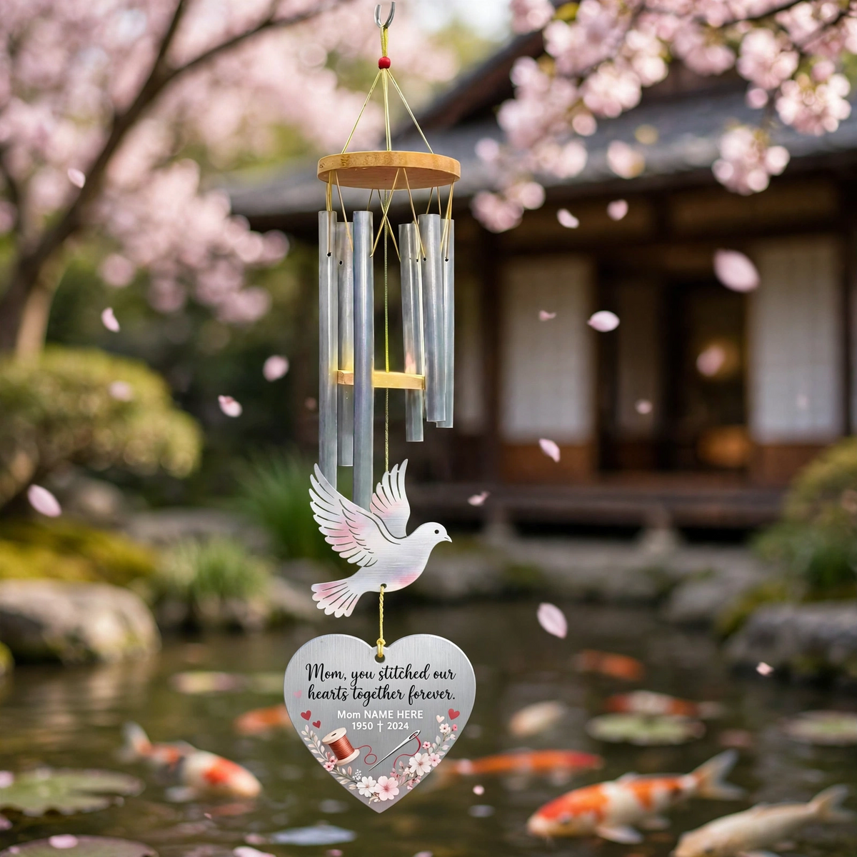 Personalized Memorial Wind Chimes For Loss Of Mother, Sympathy Gift, Pink Dove