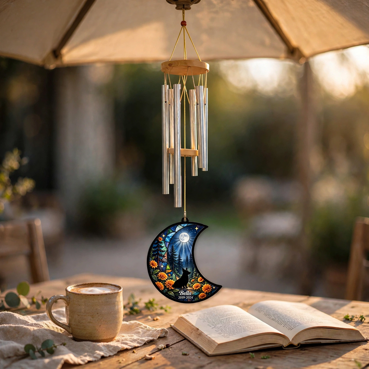 Rainbow Bridge Wind Chime, Personalized Dog Memorial Gift, Crescent Moon Charm