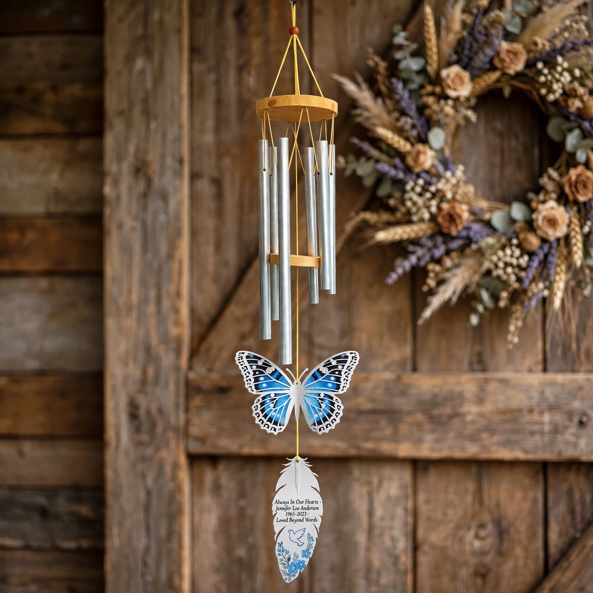Personalized Memorial Wind Chimes Feather Blue Butterfly Sympathy Gift