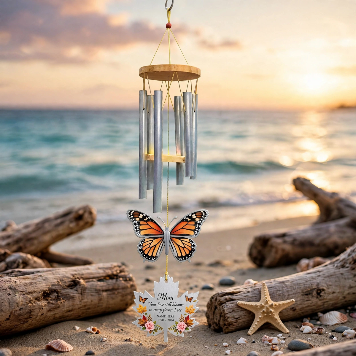 Personalized Memorial Wind Chimes For Loss Of Mother, Silver Maple Leaf Monarch Butterfly Plaque