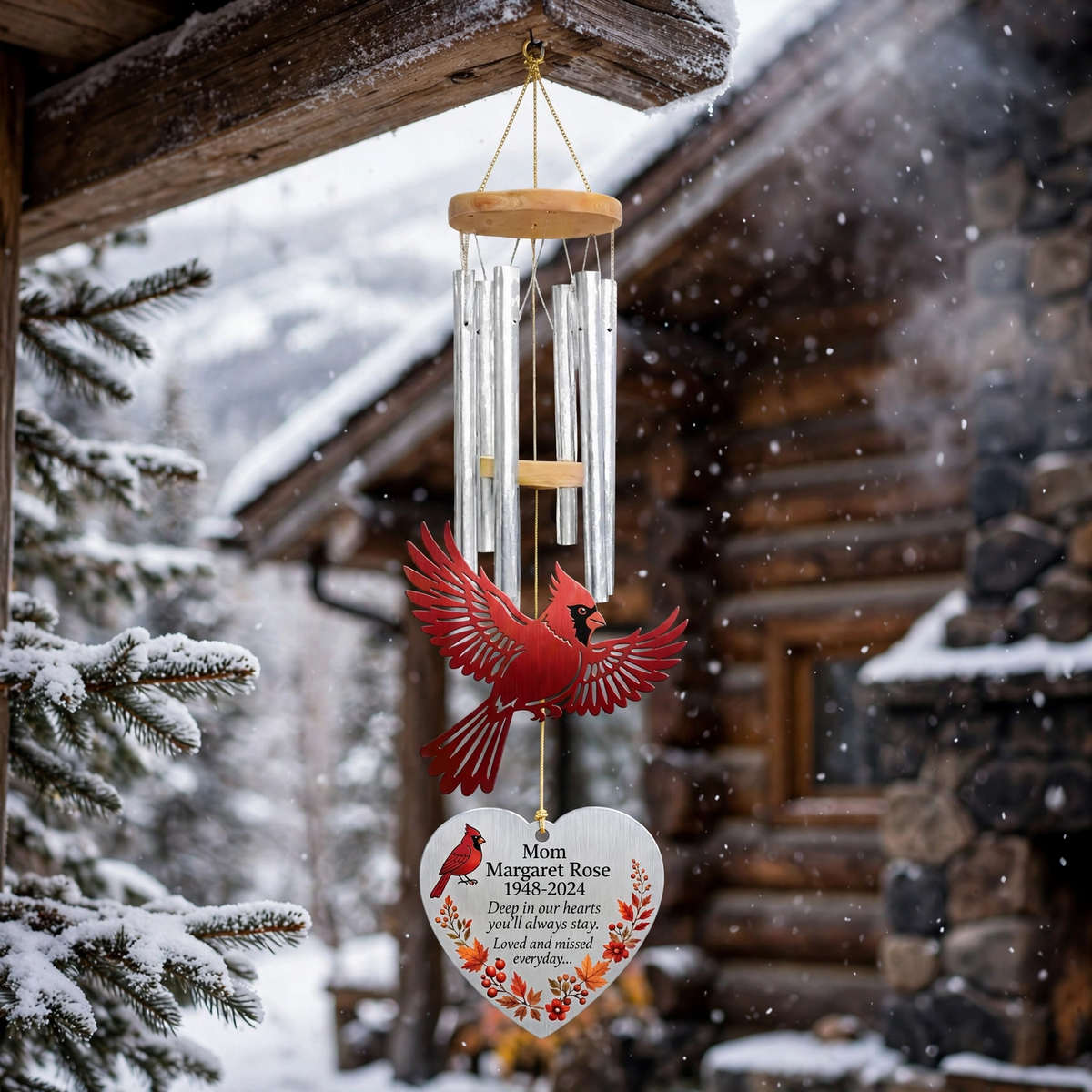 Personalized Memorial Wind Chimes For Loss Of Mother, Silver Heart Red Cardinal
