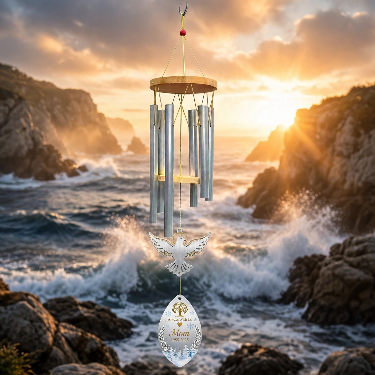 Personalized Memorial Wind Chimes For Loss Of Mother, Halo Dove Winter Tree Of Life Teardrop Plaque