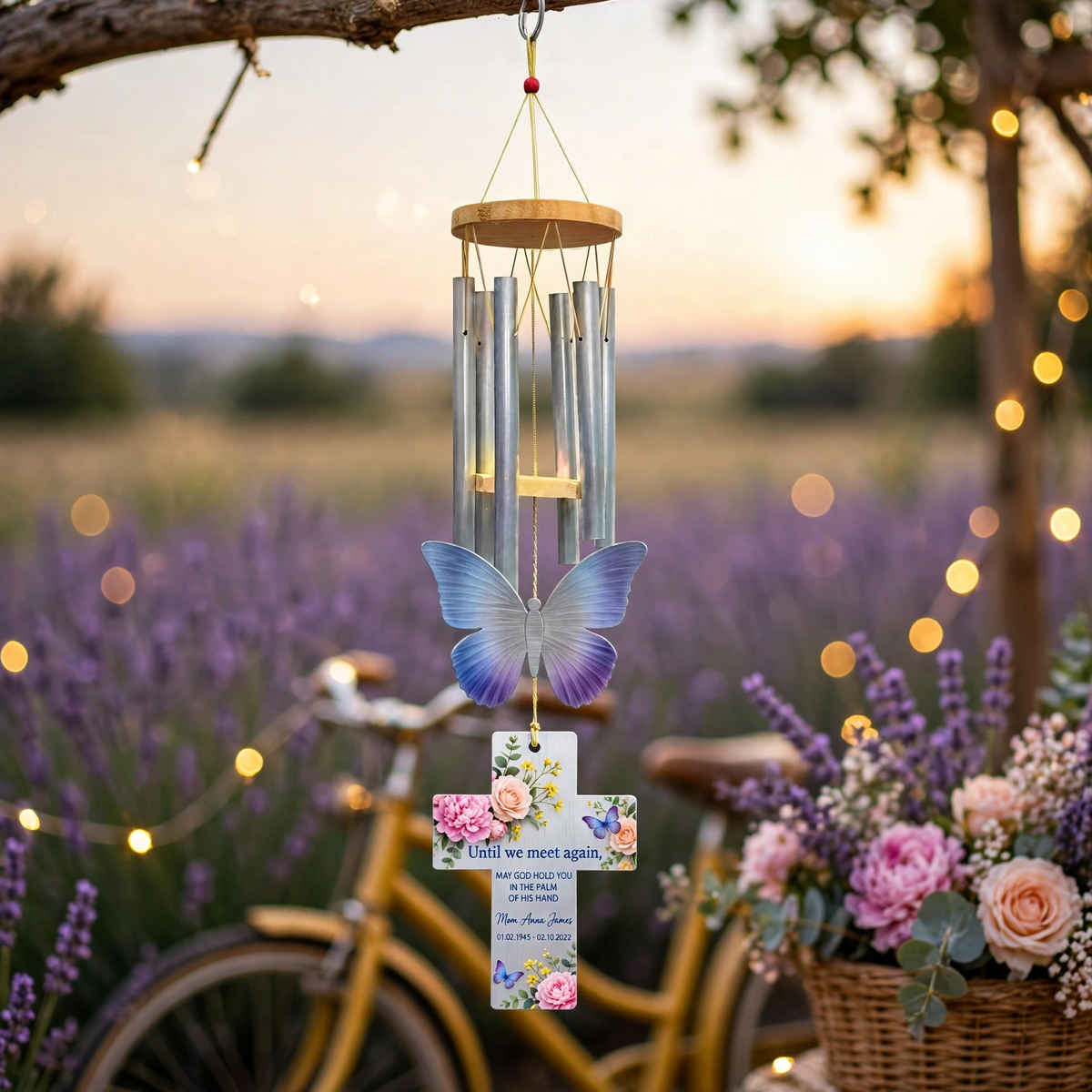 Personalized Memorial Wind Chimes For Loss Of Mother Silver Cross Blue Purple Butterfly