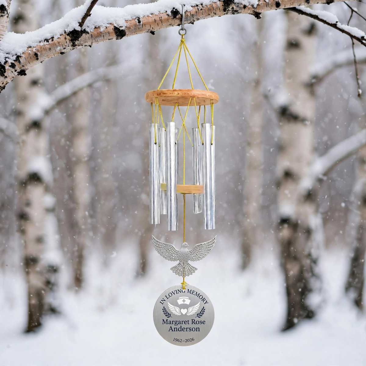 Personalized Memorial Wind Chimes For Loss Of Mother, Silver Round Flying Dove Nurse Angel Plaque