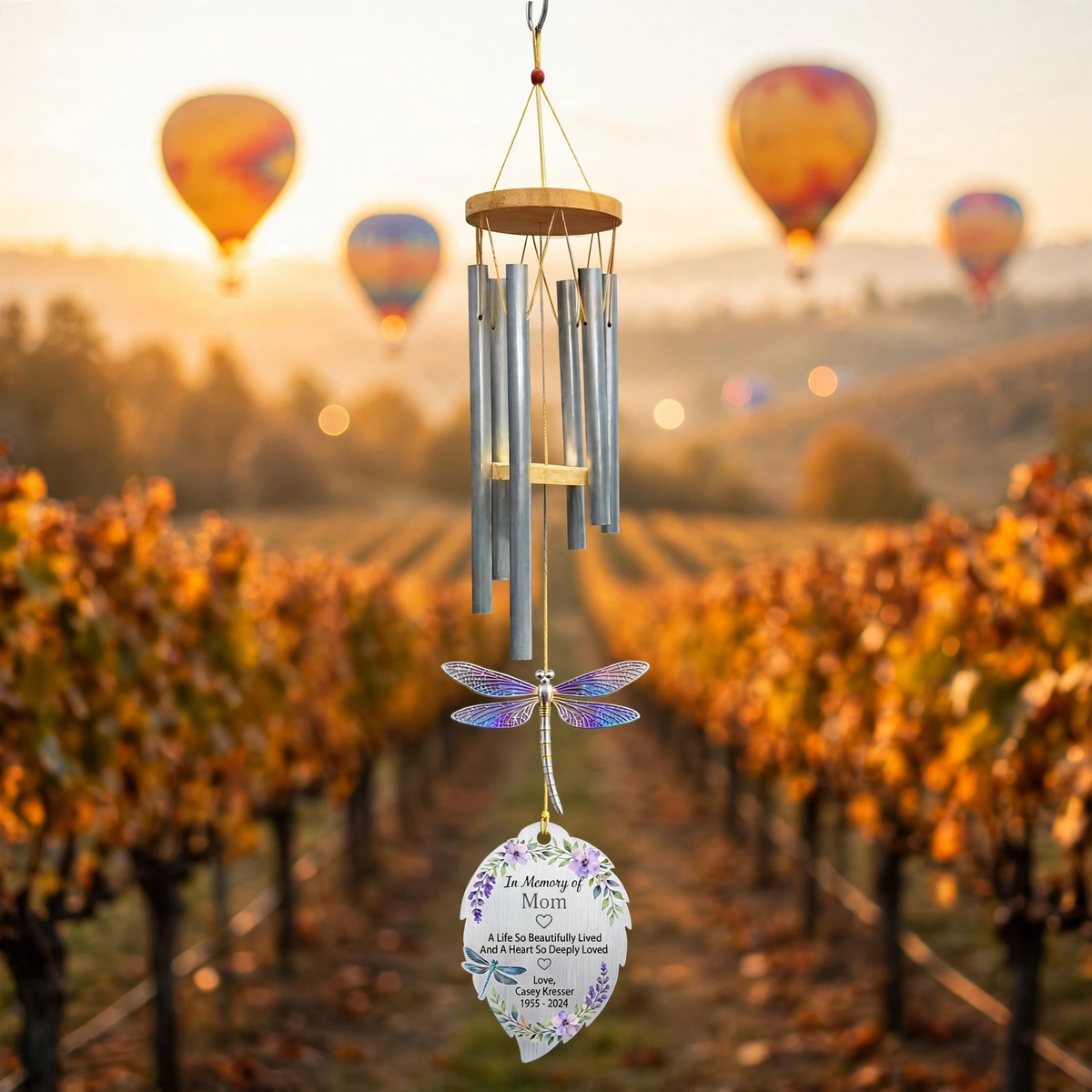 Personalized Memorial Wind Chimes For Loss Of Mother, Silver Feather Leaf Dragonfly