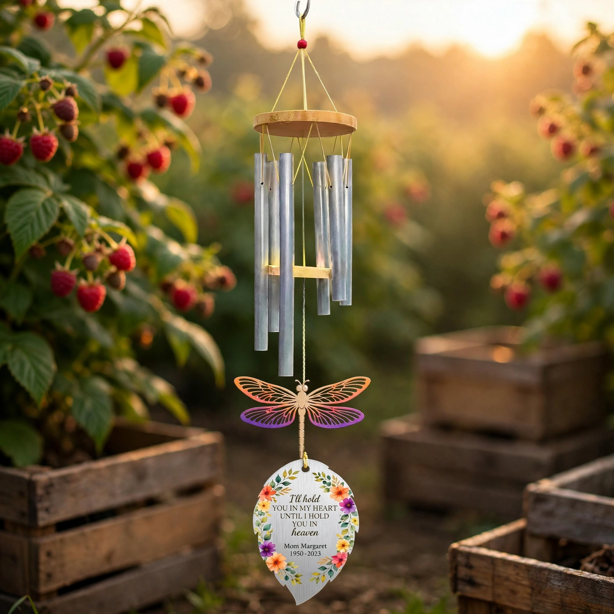 Personalized Memorial Wind Chimes For Loss Of Mother, Silver Leaf Sunset Dragonfly