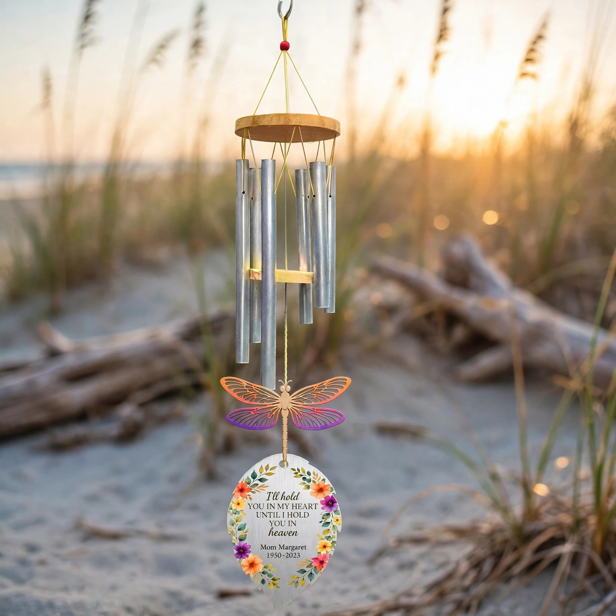 Personalized Memorial Wind Chimes For Loss Of Mother, Silver Leaf Sunset Dragonfly