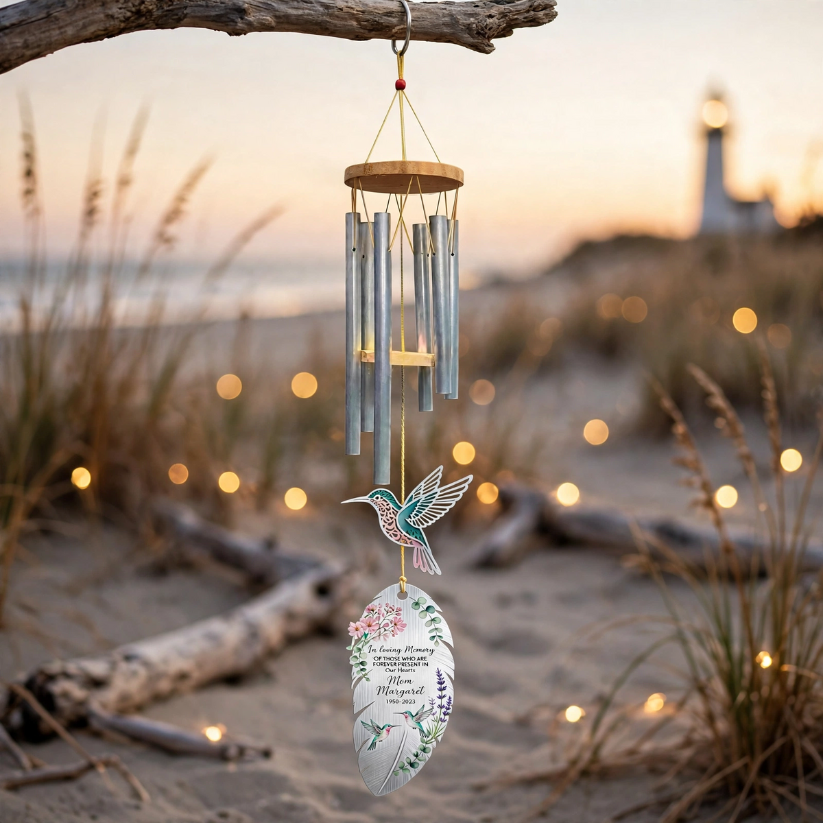 Personalized Memorial Wind Chimes For Loss Of Mother, Silver Feather Hummingbird