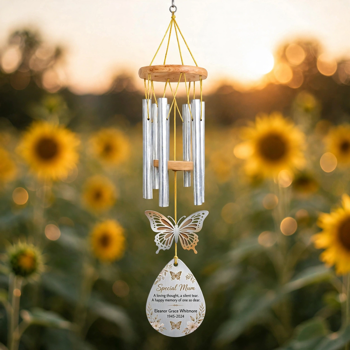 Personalized Memorial Wind Chimes For Loss Of Mother, Silver Teardrop Butterfly