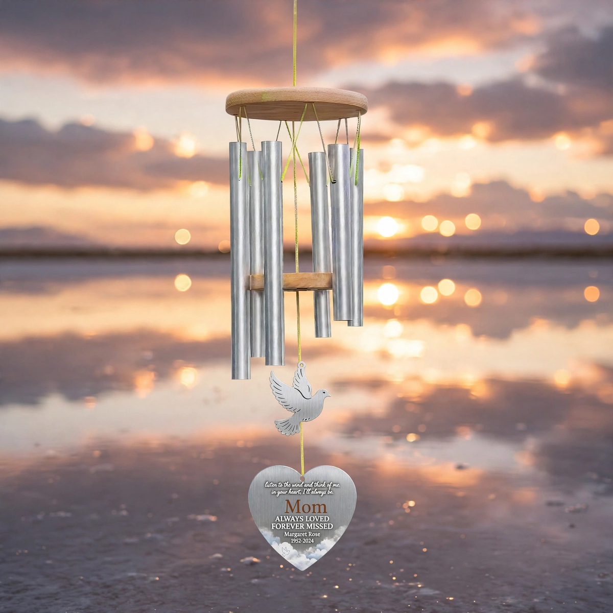 Personalized Memorial Wind Chimes For Loss Of Mother, Dove Heart Sympathy Chime
