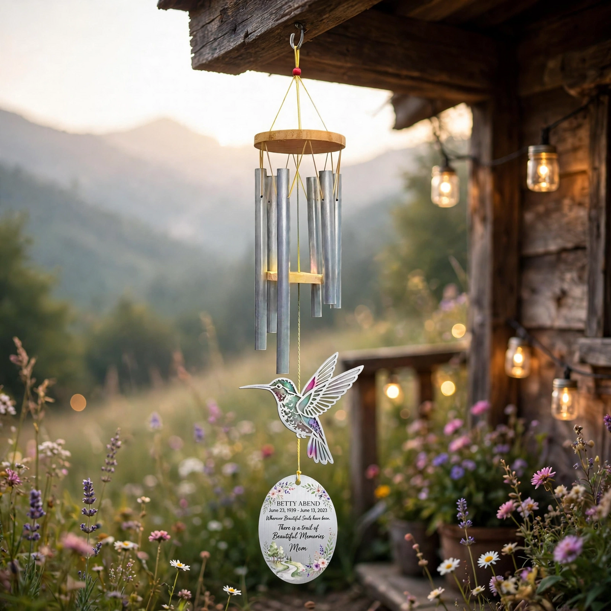 Personalized Memorial Wind Chimes For Loss Of Mother, Silver Oval Plaque Watercolor Hummingbird