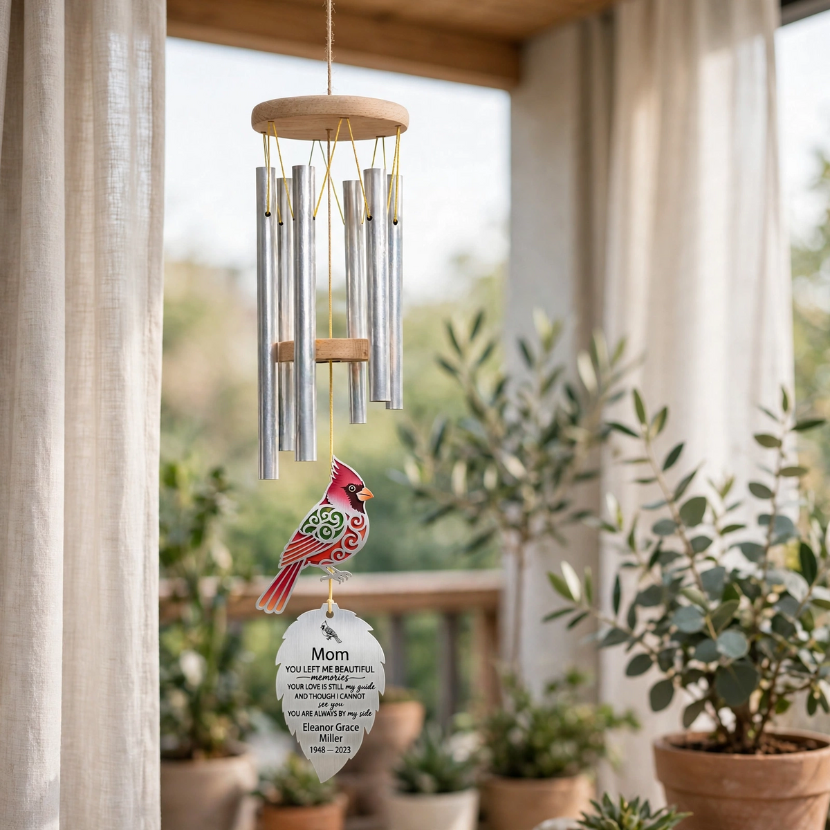 Personalized Memorial Wind Chimes For Loss Of Mother, Red Cardinal Leaf