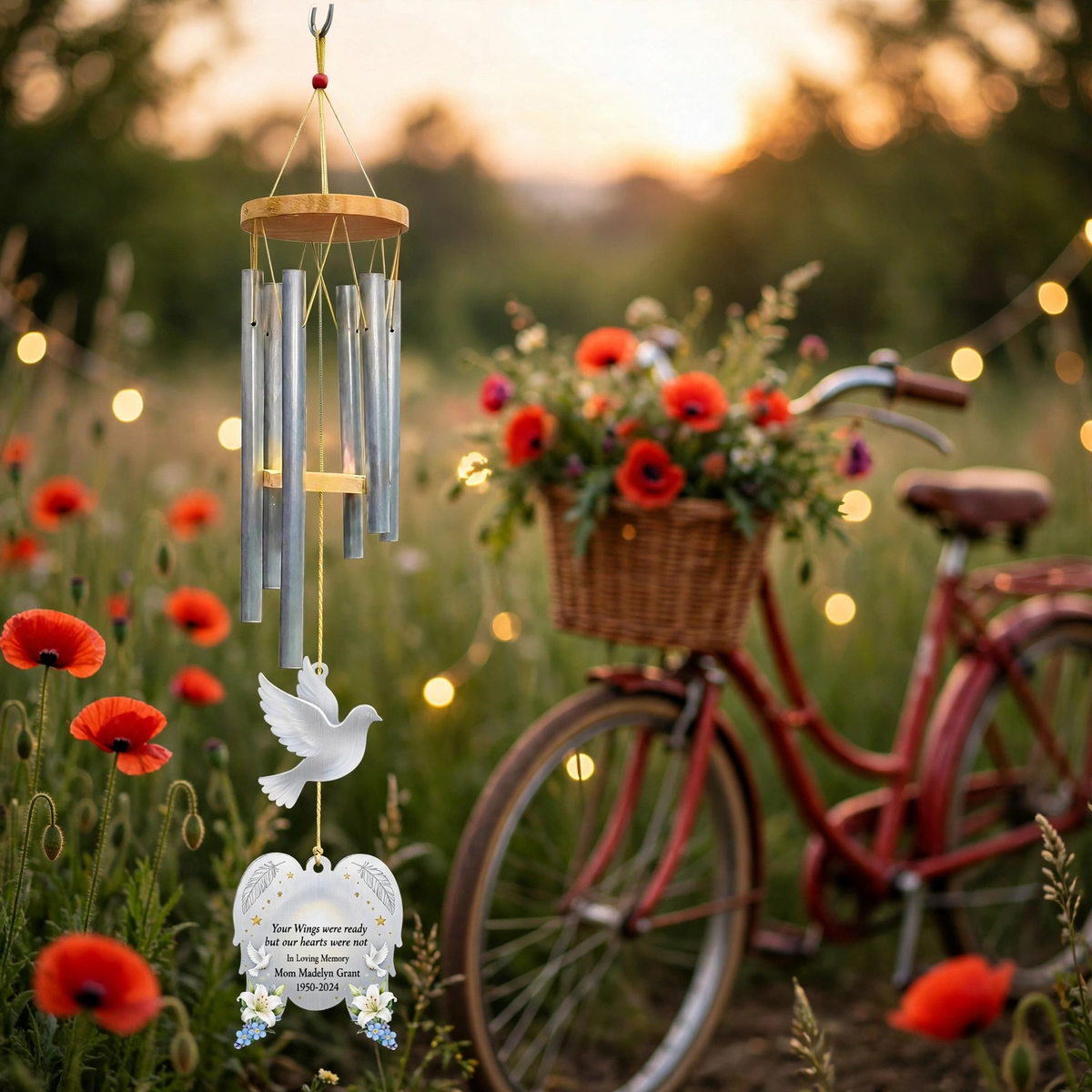 Personalized Memorial Wind Chimes For Loss Of Mother, Peace Dove Lily Plaque