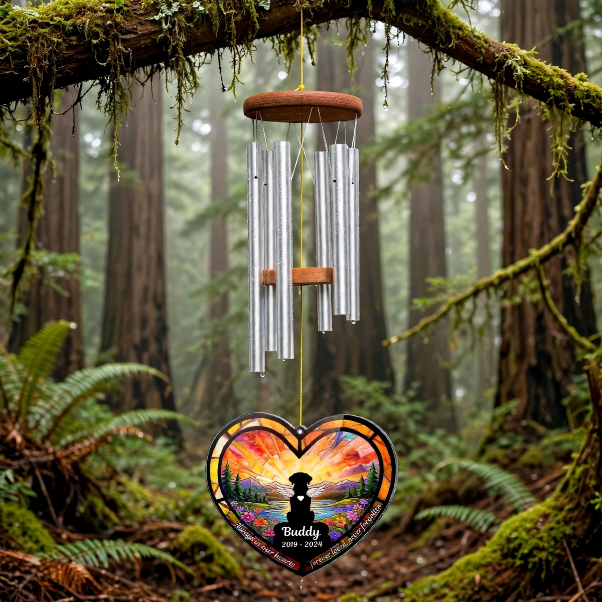 Rainbow Bridge Wind Chime, Dog Memorial Stained Glass Heart Plaque