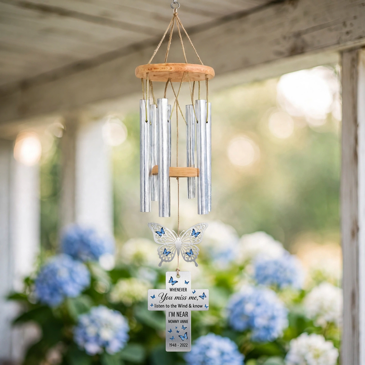 Personalized Mom Memorial Wind Chime, Remembrance Gift Blue Butterfly