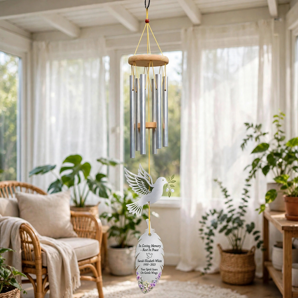 Personalized Memorial Wind Chimes Custom Dove Feather Sympathy Gift