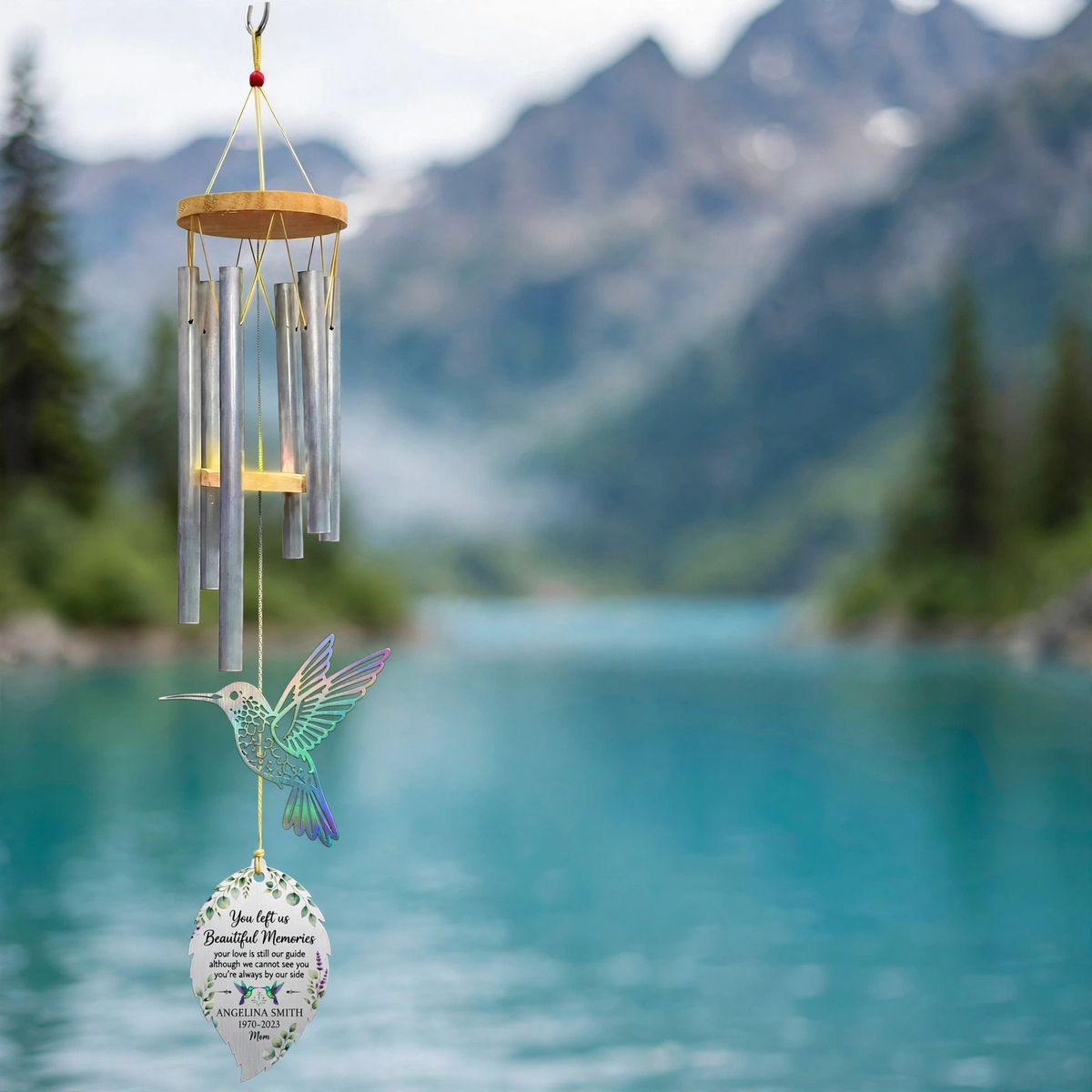 Personalized Memorial Wind Chimes For Loss Of Mother, Iridescent Hummingbird