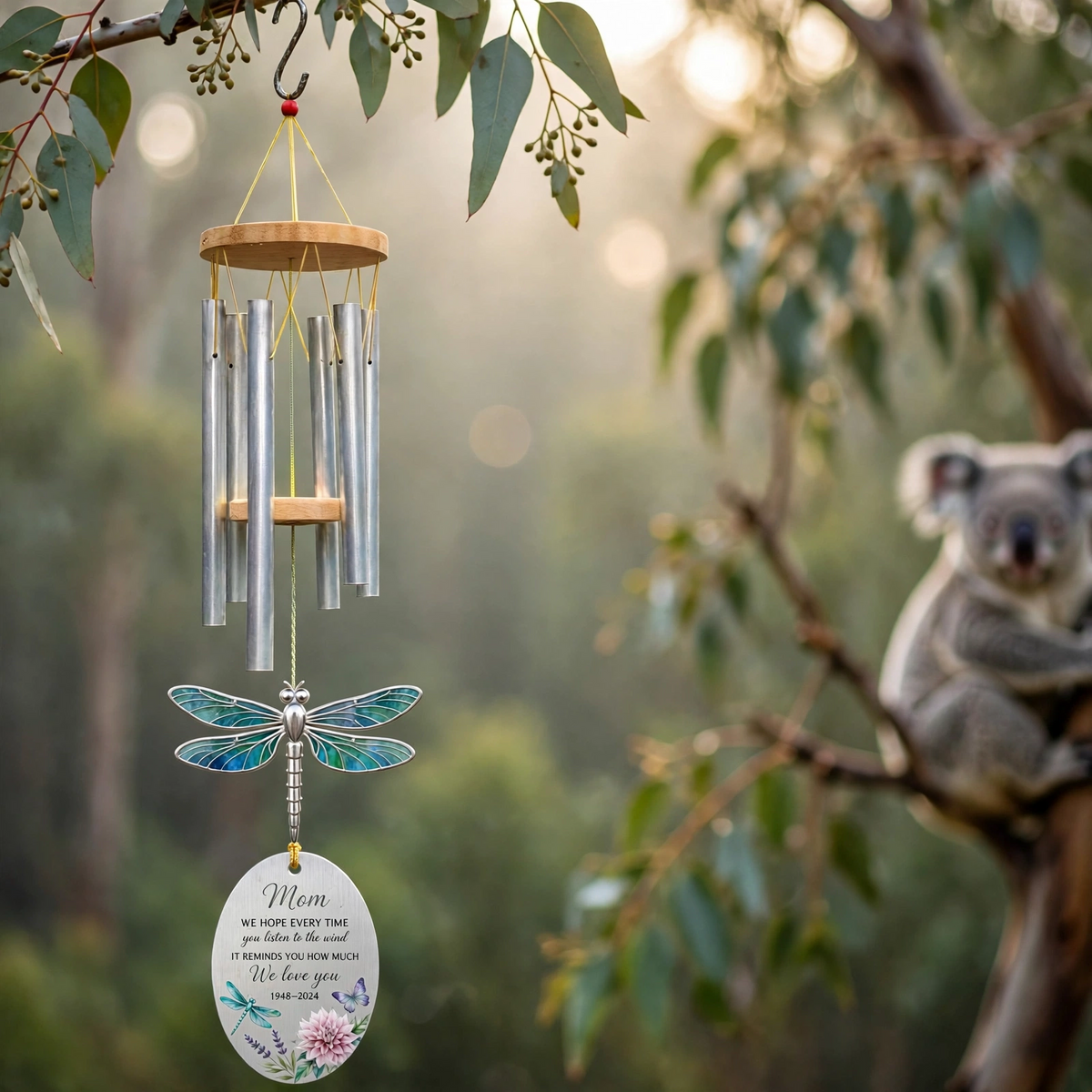 Personalized Memorial Wind Chimes For Loss Of Mother, Silver Oval Plaque