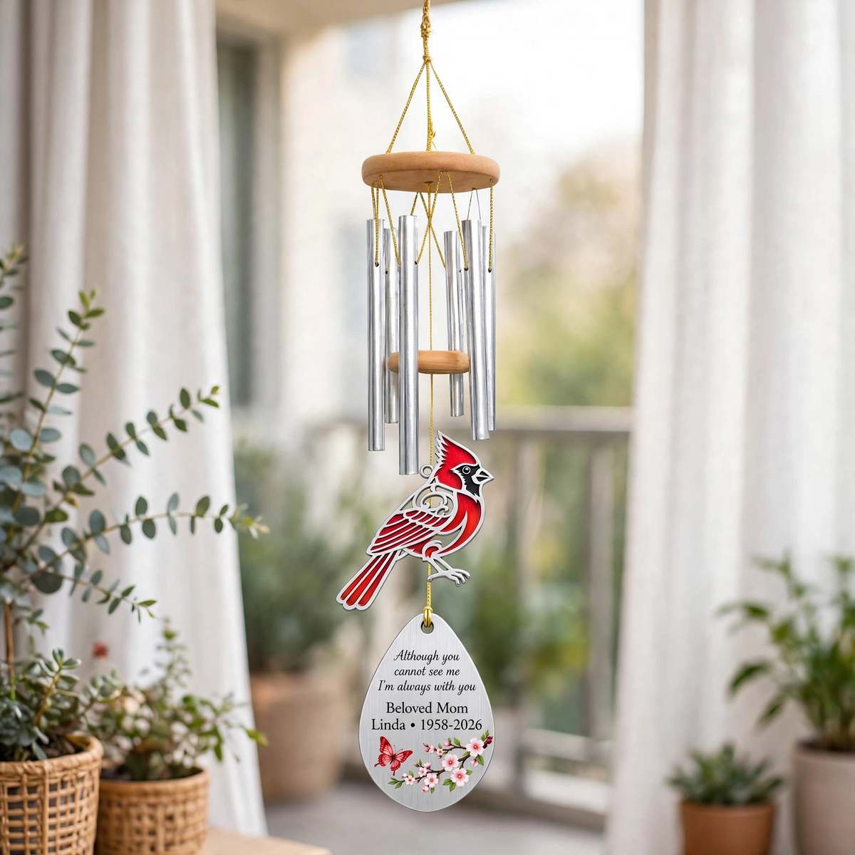 Personalized Memorial Wind Chimes For Loss Of Mother Silver Teardrop Red Cardinal Plaque