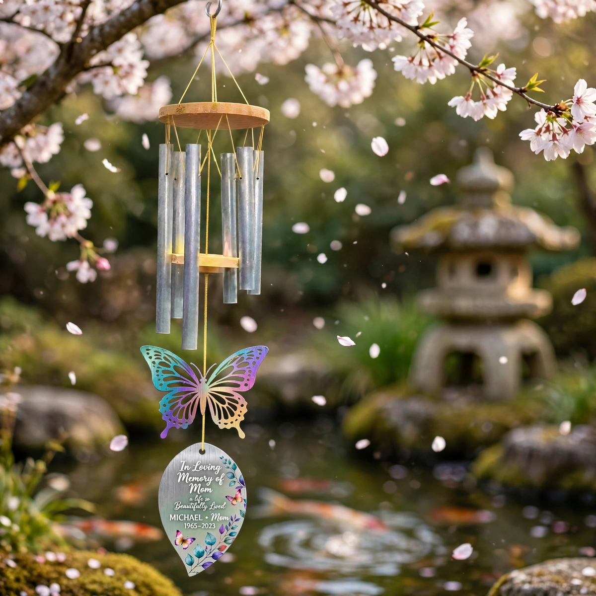 Personalized Memorial Wind Chimes For Loss Of Mother, Rainbow Butterfly