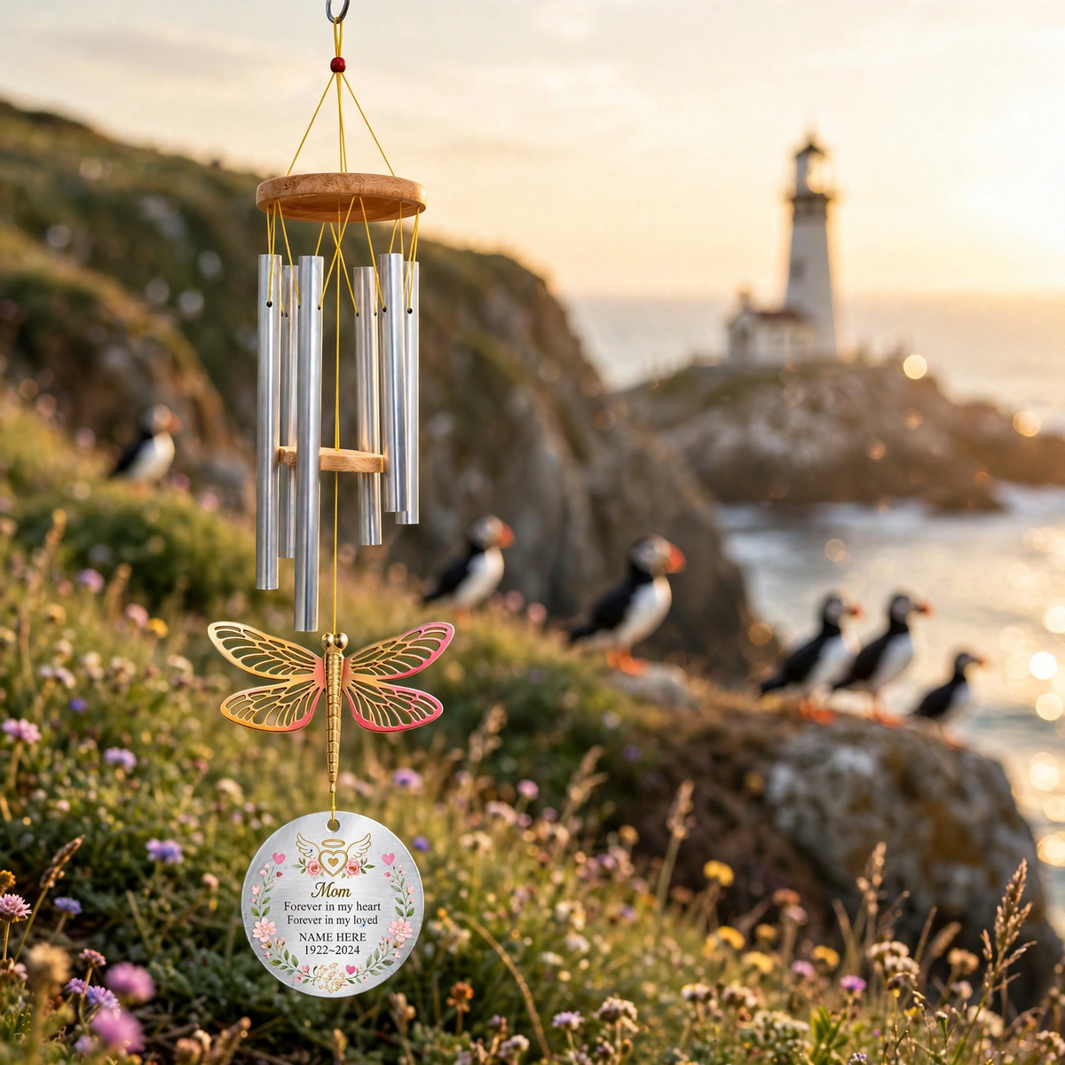 Personalized Memorial Wind Chimes For Loss Of Mother, Gold Dragonfly