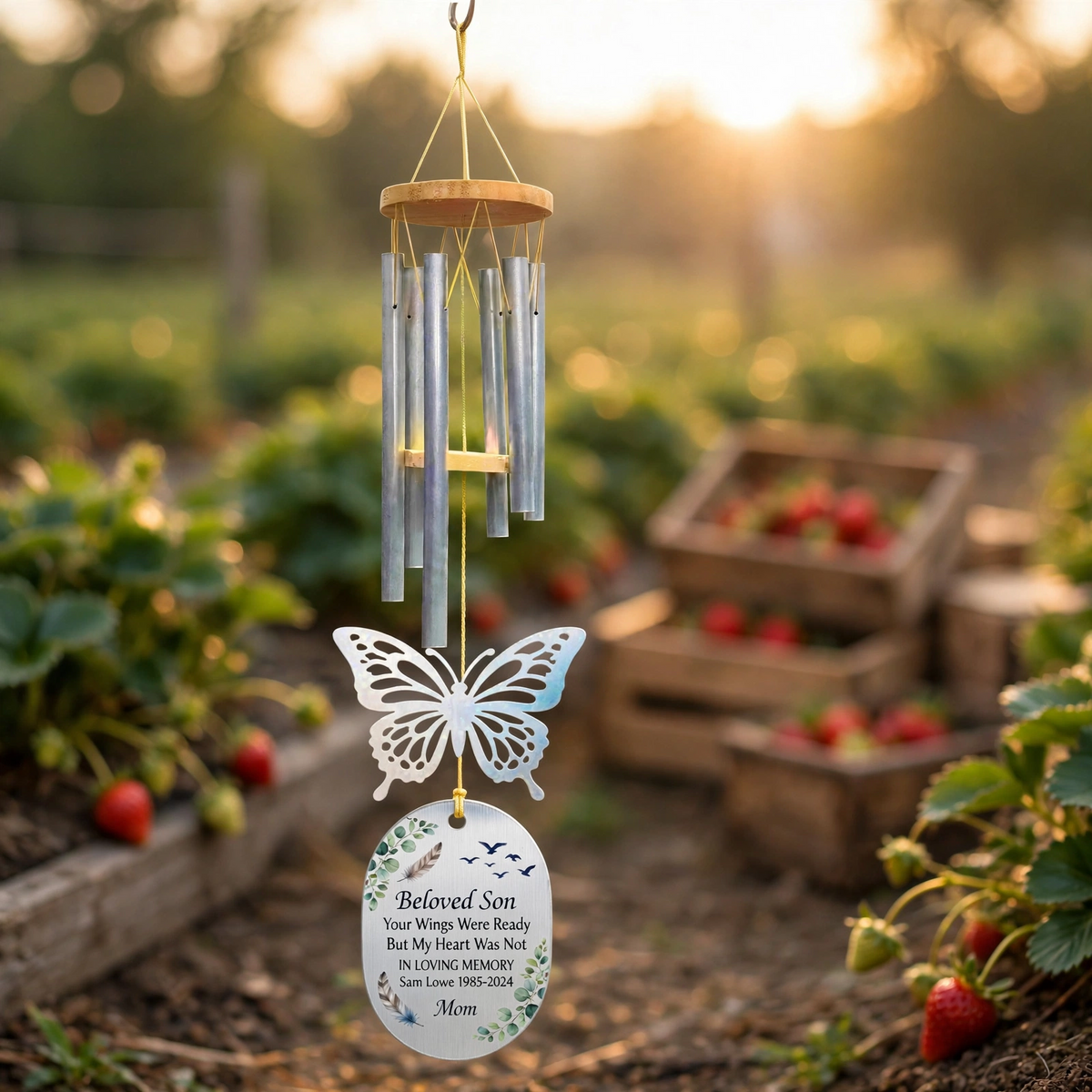 Personalized Memorial Wind Chimes For Loss Of Mother, Silver Iridescent Butterfly