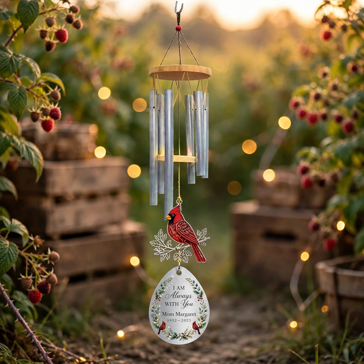 Personalized Memorial Wind Chimes For Loss Of Mother, Silver Teardrop Red Cardinal Berry