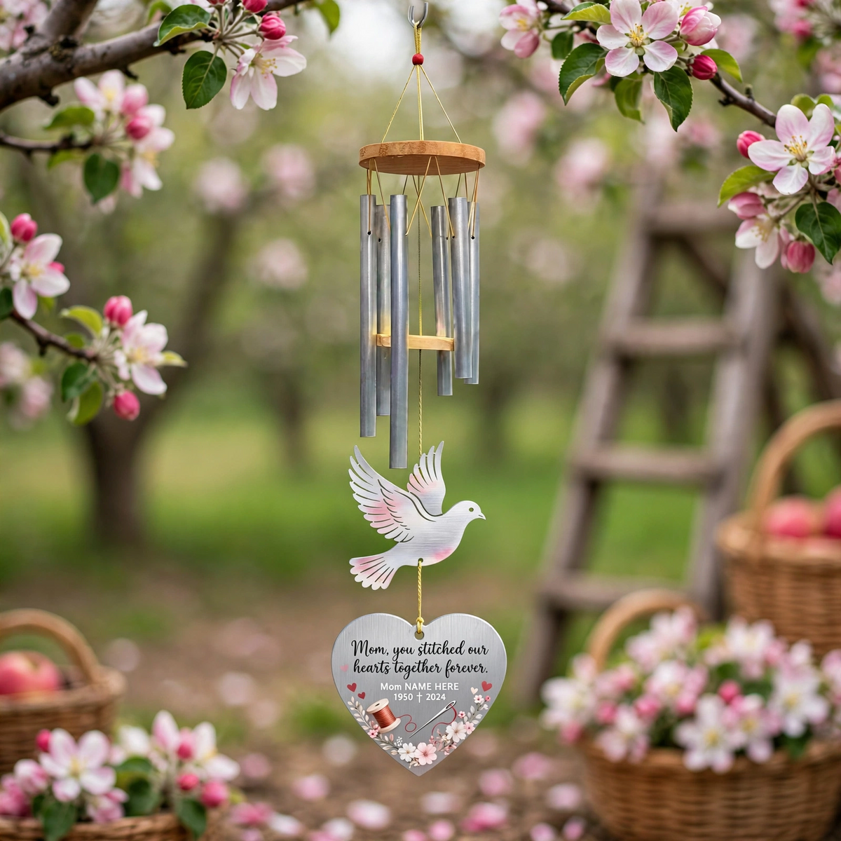 Personalized Memorial Wind Chimes For Loss Of Mother, Sympathy Gift, Pink Dove