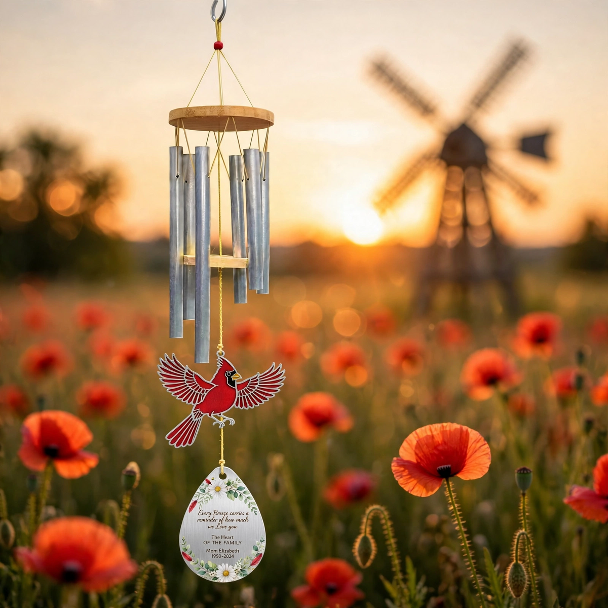 Personalized Memorial Wind Chimes For Loss Of Mother, Silver Red Cardinal