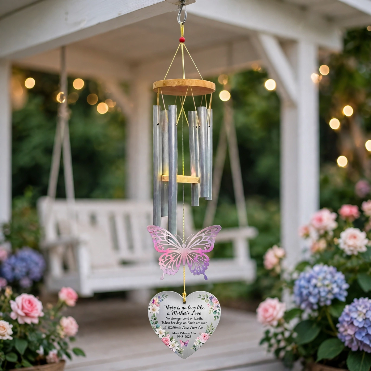 Personalized Memorial Wind Chimes For Loss Of Mother, Silver Heart, Pink Purple Butterfly