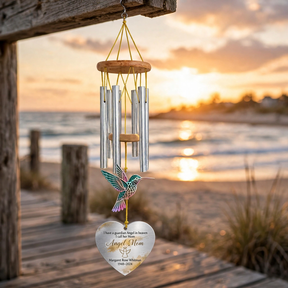 Personalized Memorial Wind Chimes For Loss Of Mother, Silver Heart Teal Pink Hummingbird