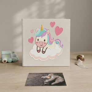 Cute Unicorn Baby Photo Album - Linen Fabric Scrapbook, Cloud & Heart Embroidered Cover, Baby Memory Book, Baby Shower Gift